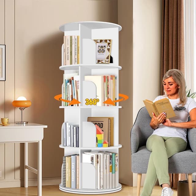 RUNSUNSPRI 4 Tier Rotating Bookshelf Tower, Spinning Bookshelf, Revolving 360° Bookcase Storage Round Carousel, Vertical Rotate Turning Spiral Corner Organizer Lazy Susan, White