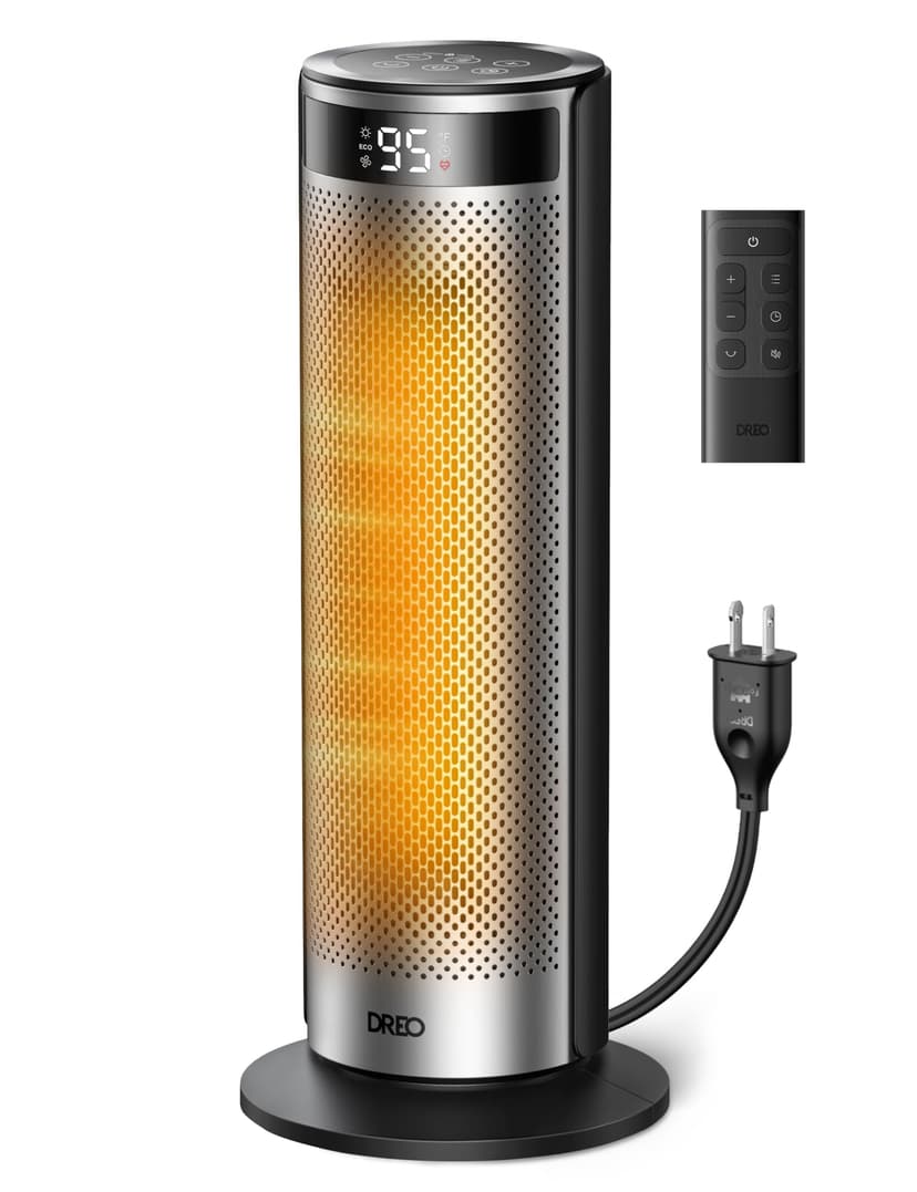 DREO Space Heater for Large Room, 20 Inch Electric Heaters with DREO FortPlug for Indoor Use, 8 Safe Protection Tower, 70° Oscillation, PTC Ceramic with Remote, Quiet, 12H Timer, Bedroom, Office