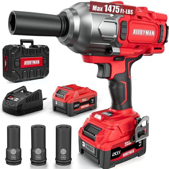 Alloyman Cordless Impact Wrench, 1475Ft-lbs (2000N.m) 1/2 High Torque Brushless Impact Gun, 20V Power Impact Driver, 4000mAh Battery,3 Sockets, Brushless Motor Variable Speeds for Car/Truck RV/Mower