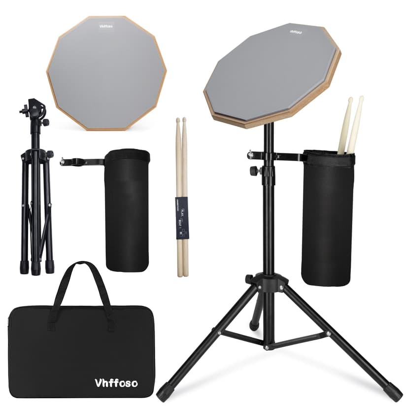 12 Inch Practice Drum Pad with Stand, Sticks and Drum Stick Bucket, Beginner Snare Drum Pad with Drumsticks(one pair) and Carrying Bag, Double Sided Silent Drum Pad (Gray)