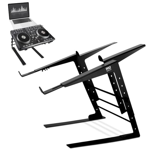 Pyle Portable Dual Laptop Stand - Standing Table with Adjustable Height, Ergonomic Design & Anti-Slip Prongs for DJ Mixer, Sound Equipment, Workstation, Gaming & Home Use - PLPTS38, Black