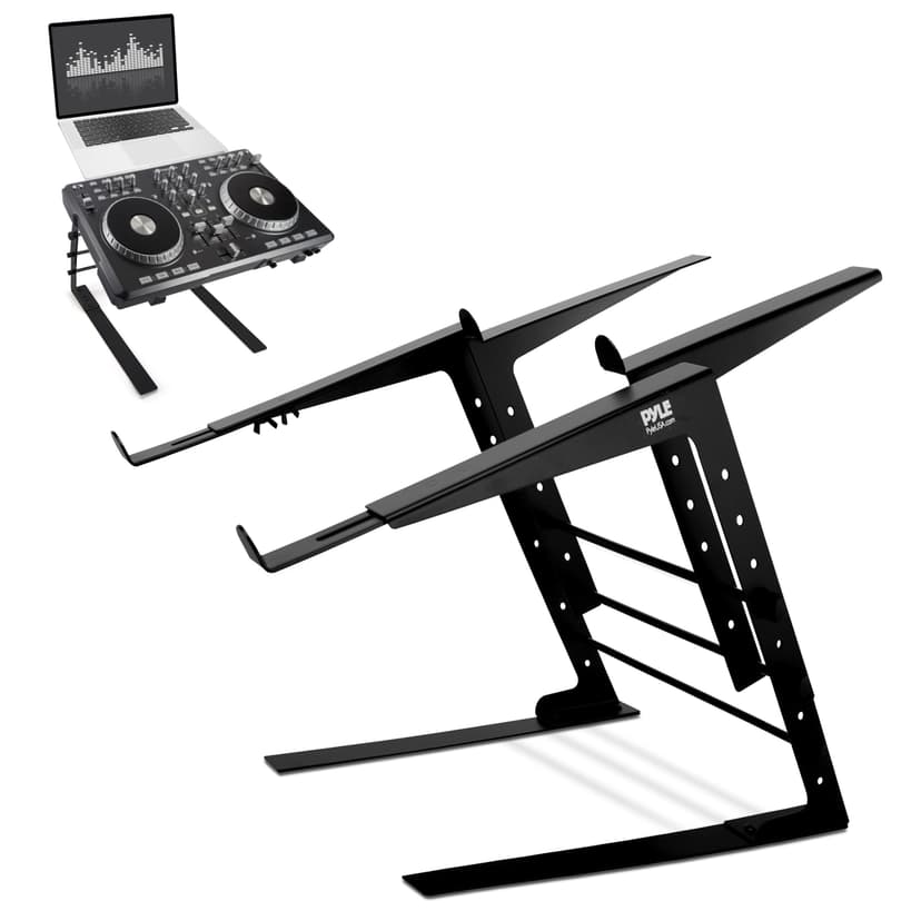 Pyle Portable Dual Laptop Stand - Standing Table with Adjustable Height, Ergonomic Design & Anti-Slip Prongs for DJ Mixer, Sound Equipment, Workstation, Gaming & Home Use - PLPTS38, Black