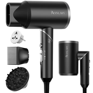 ANNLARY Hair Dryer with Comb | 1800W Blow Dryer with Diffuser for Curly Hair | Plasma Ionic Hairdryer for Frizz Control | Foldable & Protable Design for Travel | 6.5 ft ALCI Cord for Women and Men