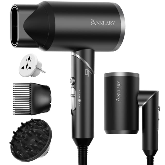 ANNLARY Hair Dryer with Comb | 1800W Blow Dryer with Diffuser for Curly Hair | Plasma Ionic Hairdryer for Frizz Control | Foldable & Protable Design for Travel | 6.5 ft ALCI Cord for Women and Men