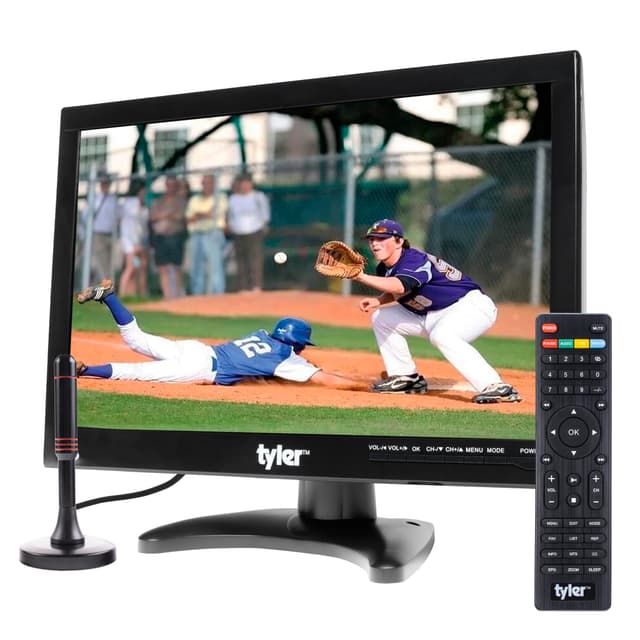 Tyler 14” Portable TV LCD Monitor 1080P Rechargeable Lithium Battery Operated, 2 Antenna, HDMI, USB, RCA, FM Radio, Digital Tuner, AV Inputs, AC/DC, TV Stand and Remote Control for Car Travel