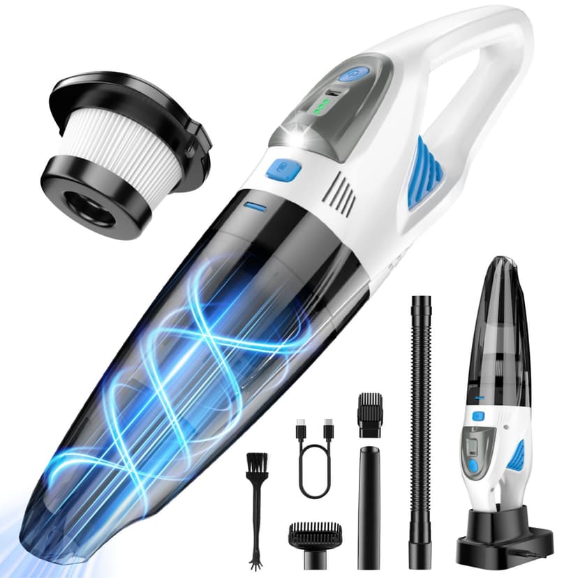 ZIHUOFAN Handheld Vacuum Cordless 25000PA Powerful Suction, Portable Car Vacuum, 3 in 1 Hand Held Vacuum Rechargeable 8000mAh with LED Light, HEPA Filter, Home, Car Seats, Office, Pet Hair Blue+White