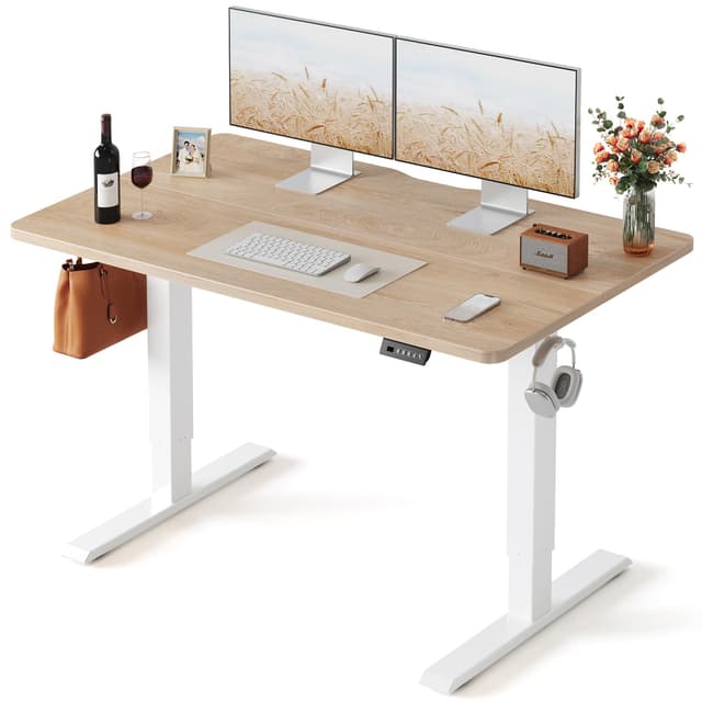 FEZIBO Standing Desk, 48 × 24 Inches Electric Height Adjustable, Sit and Stand Up, Computer Office Desk with Splice Board, White Frame/Maple TOP