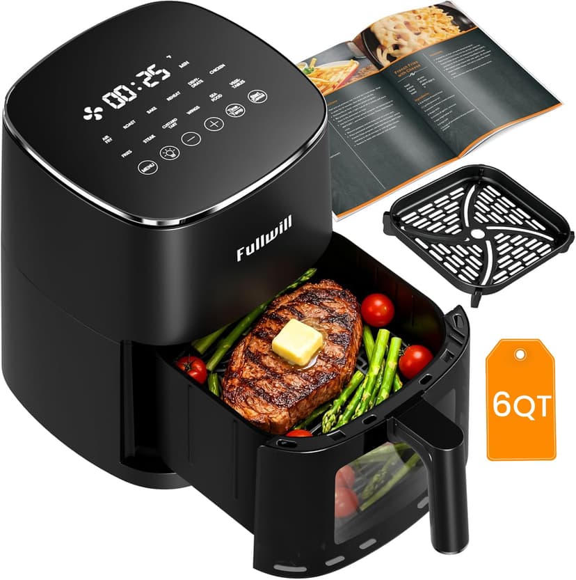 Fullwill Air Fryer with Viewing Window 6QT,5-in-1 Multi-Function(Air Fry,Roast,Bake,Reheat,Dehydrate) plus 7 One-Touch Presets for Wings,Fries,Steak and More,95% Less Oil Cooking for Families