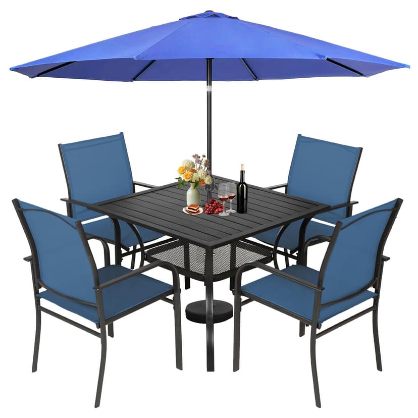 Incbruce 6 Pieces Paito Dining Set with Dark Blue Umbrella, Outdoor Metal Dining Set of 4 Textilene Chairs and Square Table with Umbrella Hole for Garden, Porch and Backyard (Blue)