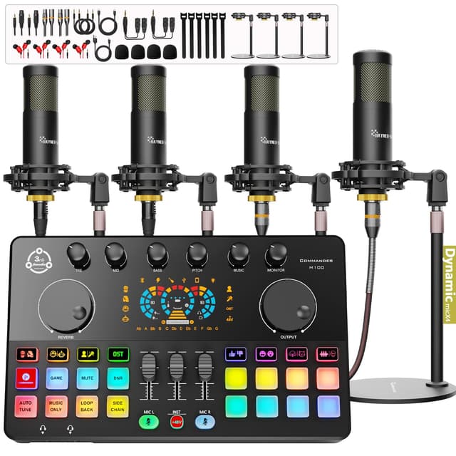 Podcast Equipment Bundle for 4, Audio Interface with 4 Dynamic Microphone, 4 Desktop Mic Stands, Voice Change, DJ Mixer for Vocal Recording Podcasting,Streaming,Singing TikTok, COMMANDER M100 3rd