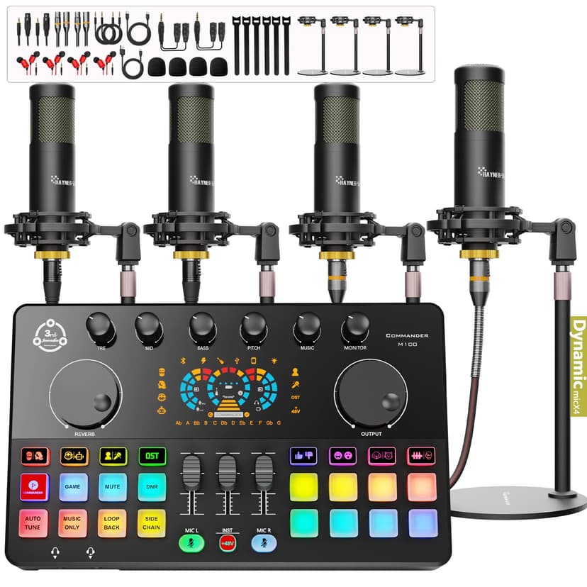 Podcast Equipment Bundle for 4, Audio Interface with 4 Dynamic Microphone, 4 Desktop Mic Stands, Voice Change, DJ Mixer for Vocal Recording Podcasting,Streaming,Singing TikTok, COMMANDER M100 3rd