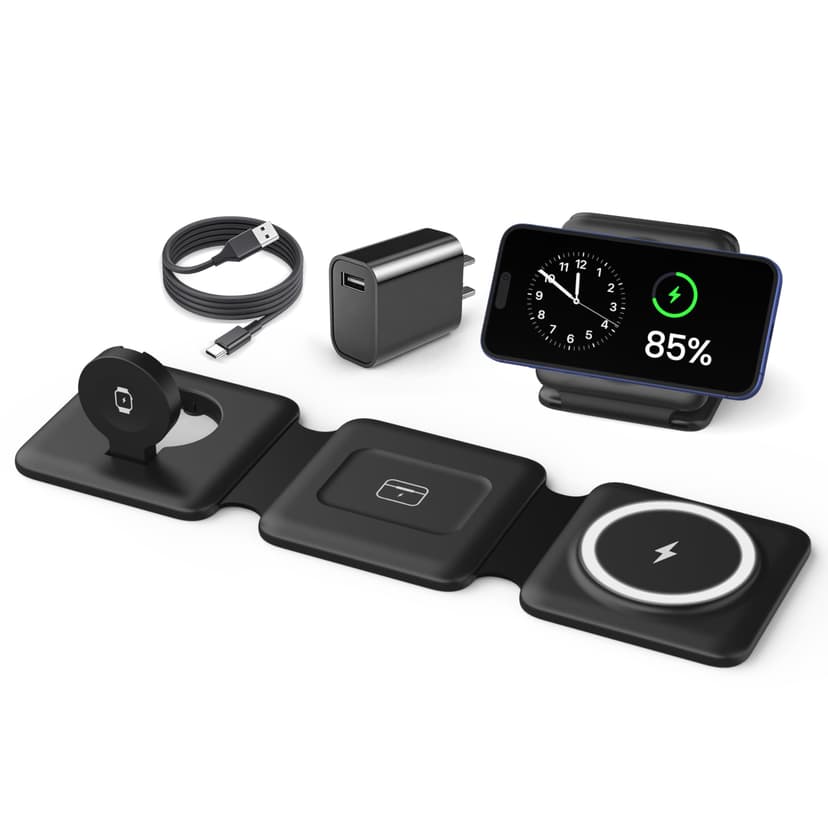 Magnetic Wireless Charger for iPhone: Fodable 3 in 1 Charging Station for Multiple Apple Devices - Travel Charging Pad Dock for Apple Watch iPhone 16 15 14 13 12 Pro Max Plus & Airpod