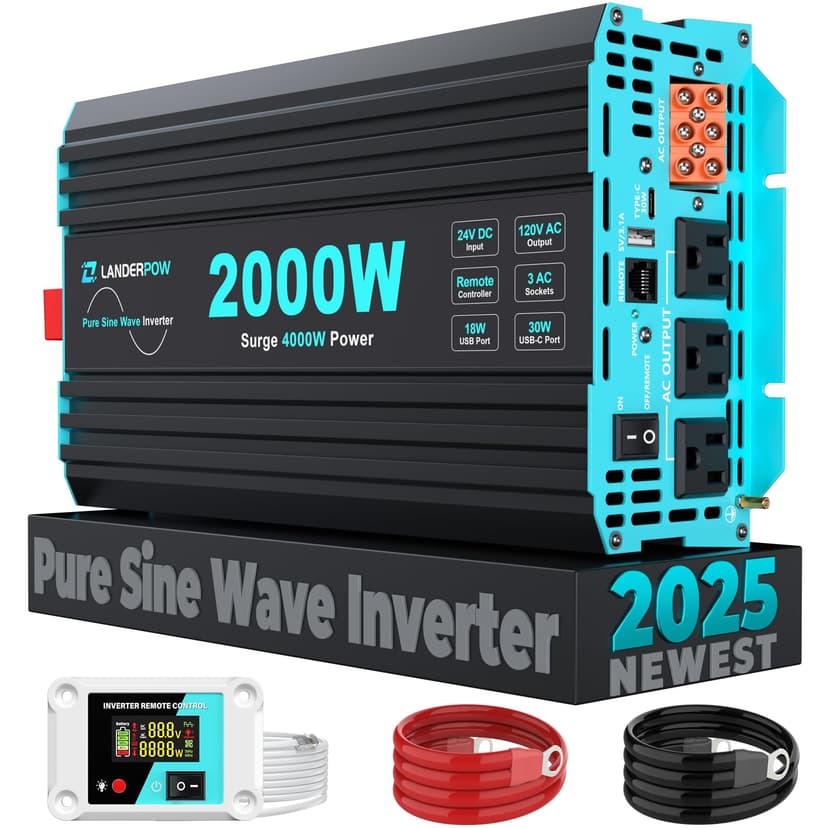 LANDERPOW 2000 Watt Pure Sine Wave Inverter, 24V DC to 120V AC Inverters for RV, Truck, Solar, Home, Power Inverter with 3 AC Outlet, 30W USB-C, 5V 3.1A USB, Hardwire Port, Remote Control, Surge 4000W