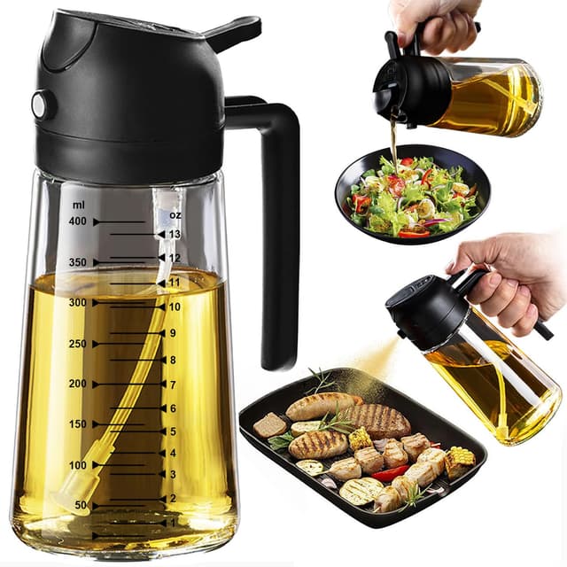 TrendPlain 16oz/470ml Glass Olive Oil Sprayer for Cooking – 2 in 1 Olive Oil Dispenser Bottle for Kitchen Gadgets and Air Fryer Accessories, Salad, BBQ - Black