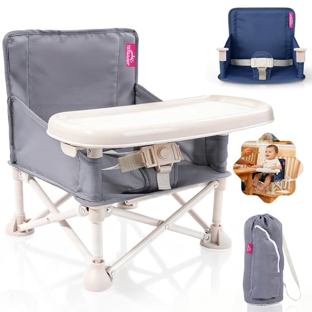 YEFAJUMP Portable Baby Chair, Baby Booster Seat with 2-Pack Seat Covers & Travel Bag for Camping & Baby Beach Chair | Toddler Folding Chair with Tray, Tip-Free Design, Straps to Kitchen Chairs