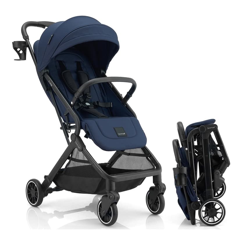 Gromast Compact Fold Baby Stroller, Lightweight Travel Toddler Stroller with One-Click Fold, Extendable UPF50+ Canopy, Cup Holder, UV Protected and Waterproof, One-Hand Folding - Blue