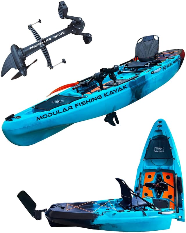 Reel Yaks 10.8ft Rapido Propeller Drive Fishing Kayak, Modular Sit-On-Top Kayak with Hands-Free Pedal Drive, Compact, Lightweight, Easy Assembly, Customizable - 400 lbs Capacity, Blue Black Camo