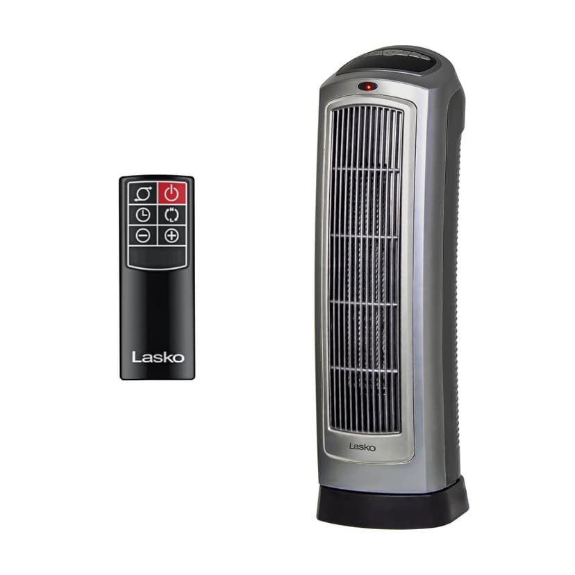 Lasko Oscillating Digital Ceramic Tower Heater for Home with Adjustable Thermostat, Timer and Remote Control, 23 Inches, 1500W, Silver, 755320