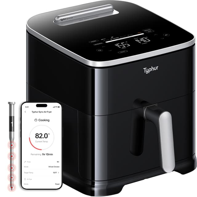 Typhur Sync 8QT AI Smart Air Fryer with Built-in Wireless Meat Thermometer, 9-in-1 XL Non Toxic Ceramic Airfryer, 450°F Max, Cooks 6lb Whole Chicken, Quiet & Dishwasher Safe, 120V