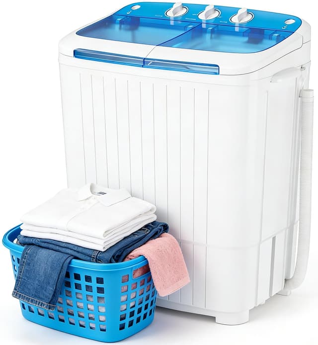 SUNCROWN Portable Washing Machine 16lbs, Compact Twin Tub Semi Automatic Washer, Energy-Saving Mini Laundry Combo with Extended Drain Hose & Pump for Apartments, Dorms, RV, (White & Blue)