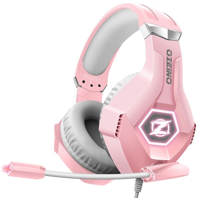 Ozeino Gaming Headset for PC, Ps4, Ps5, Xbox Headset with 7.1 Surround Sound, Gaming Headphones with Noise Cancelling Mic RGB Light Over Ear Headphones for Xbox Series X/S, Switch-Pink