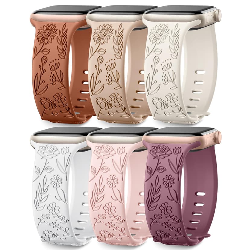 SNBLK Floral Engraved Bands Compatible with Apple Watch Series 8 Band 44mm 40mm 38mm 41mm 45mm 49mm 42mm for Women, Soft Silicone Sport Stretchy Strap for iWatch Bands Series Ultra