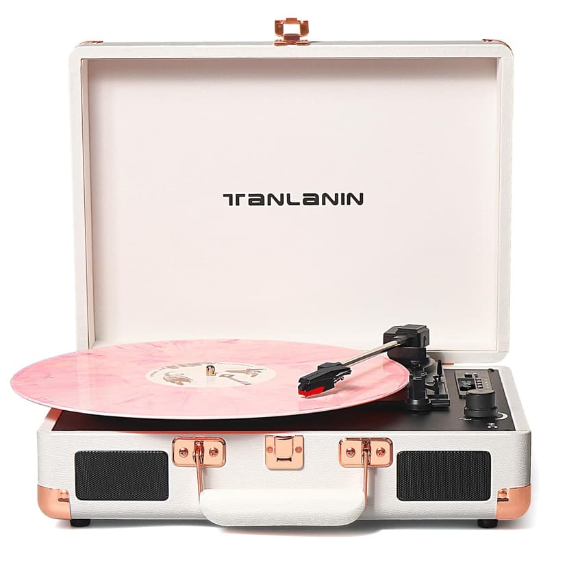 Vinyl Record Player Bluetooth Vintage 3-Speed Portable Suitcase Turntables with Built-in Speakers, Belt-Driven LP Player Support USB Recording AUX-in RCA Line Out Headphone Jack, White