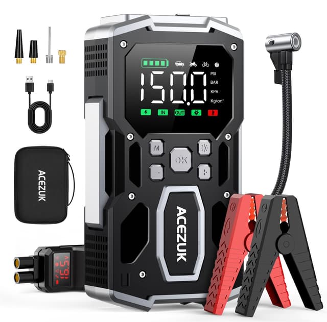 Portable Car Jump Starter with Air Compressor, ACEZUK 150PSI 8000A Jump Starter (All Gas/10.0L Diesel), 12V Battery Jump Box Car Battery Jumper Starter with 3.4" LCD Display, 2 Lights