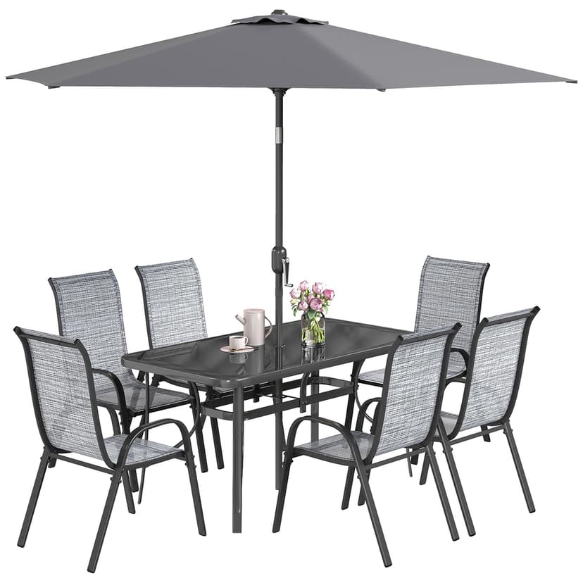 Outsunny 8 Pieces Patio Table and Chairs Set with 9 Ft Patio Umbrella, Outdoor Dining Set with 4.6 Ft Dining Table and 6 Chairs, Push Button Tilt and Crank Parasol, Tempered Glass Top, Mixed Gray