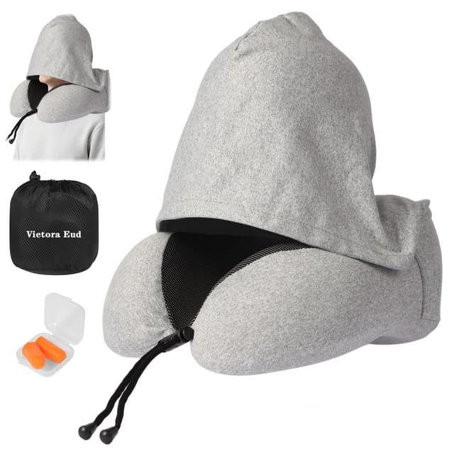 Travel Neck Pillow with 100% Light-Blocking Hood – Ergonomic Memory Foam Support Pillow for Airplane, Long Flights, Road Trips, Office and Car, Full Head and Neck Support with Skin-Friendly Cover