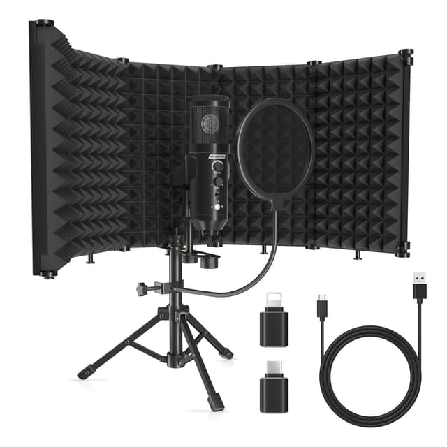 SwaykTech Studio Recording Microphone Isolation Shield with Pop Filter and Metal Tripod Stand, Studio Mic to PC Laptop Smartphone, Music Microphone for Recording Singing Podcasting