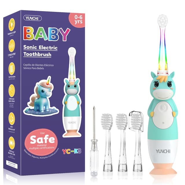 YUNCHI Toddler Electric Toothbrush Kids 0-3-6 Years, Baby Electric Toothbrush with Colorful LED Light, Battery Powered Toddler Toothbrush with 2 Minutes Timer 4 Brush Heads, Infant Toothbrush (Green)