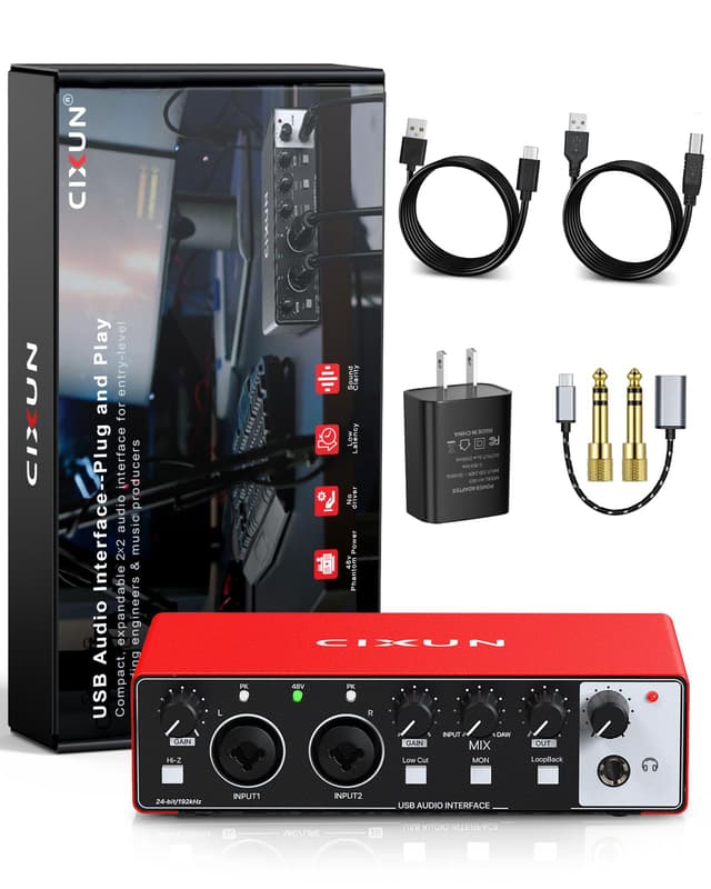 CIXUN 2x2 USB-C Audio Interface for PC/Mac Recording, 24-bit/192kHz, Dual TS/XLR Inputs, +48V Phantom Power, Studio/Podcast/Streaming(Matte Red)