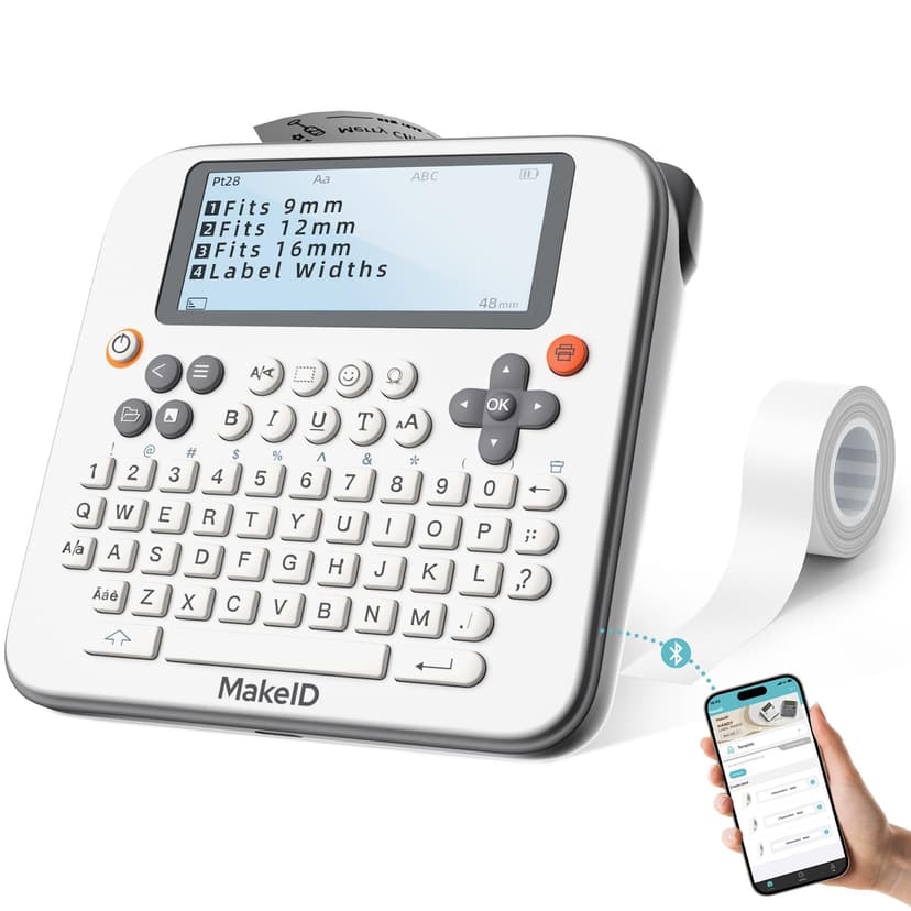Makeid E1 Label Maker - Bluetooth Rechargeable Label Maker Machine - QWERTY Keyboard Labeler, 3.4" Backlighting LCD Screen - Prints 9~16mm Label - Home and Office Organization