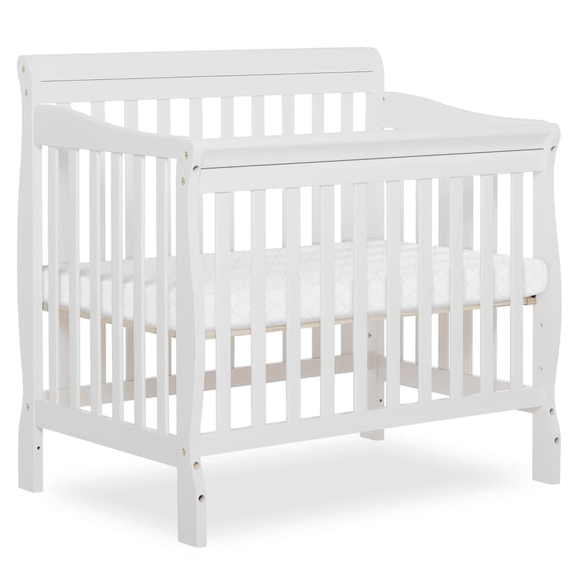 Dream On Me Aden 4-in-1 Convertible Mini Baby Crib in White, GreenGuard Gold & BSA, Sustainable Pinewood, Non-Toxic Finish, 3 Mattress Heights, Converts to Mini Day & Twin-Size Bed