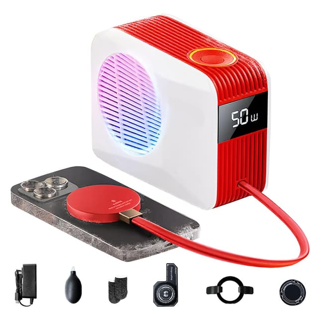 Phone Cooler for Gaming, Live Streaming, 50W Magnetic Cell Phone Cooler with Low Noise Liquid Cooling Radiator for iPhone MagSafe Series/Android/iPad/Tablet, with RGB Cooling Fan (White & Red)