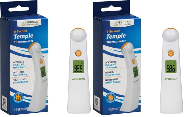 Veridian Healthcare Temple Thermometer | Infrared Measurements | Fast 6-Second Readout | Fever Alert | Backlit Display | Programmable Timer | 1-Year Warranty (Pack of 2)