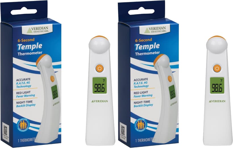 Veridian Healthcare Temple Thermometer | Infrared Measurements | Fast 6-Second Readout | Fever Alert | Backlit Display | Programmable Timer | 1-Year Warranty (Pack of 2)
