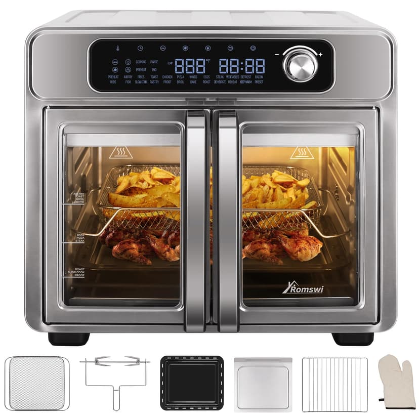 Romswi 26QT French Door Air Fryer Toaster Oven Combo, 24 Cooking Functions and Digital Controls, Fits 12" Pizza, 6 Slices of Toast, Rotisserie 6lb Chicken, 6 Accessories Included