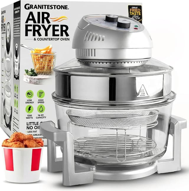 Granitestone 16Qt Large Glass Air Fryer Non Toxic – Family Sized Airfyrer Cooker with 3 Cooking Sections, Stainless Steel Racks, for French Fries, Chicken, No Preheat, Self Cleaning, Dishwasher Safe
