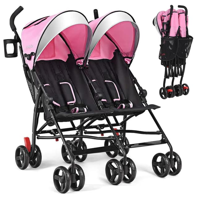 BABY JOY Double Umbrella Stroller, Lightweight Travel Side by Side Twin Stroller with Large Storage, Cup Holder, 5-Point Safety Harness, Adjustable Canopy & Compact Fold for Infant and Toddler (Pink)