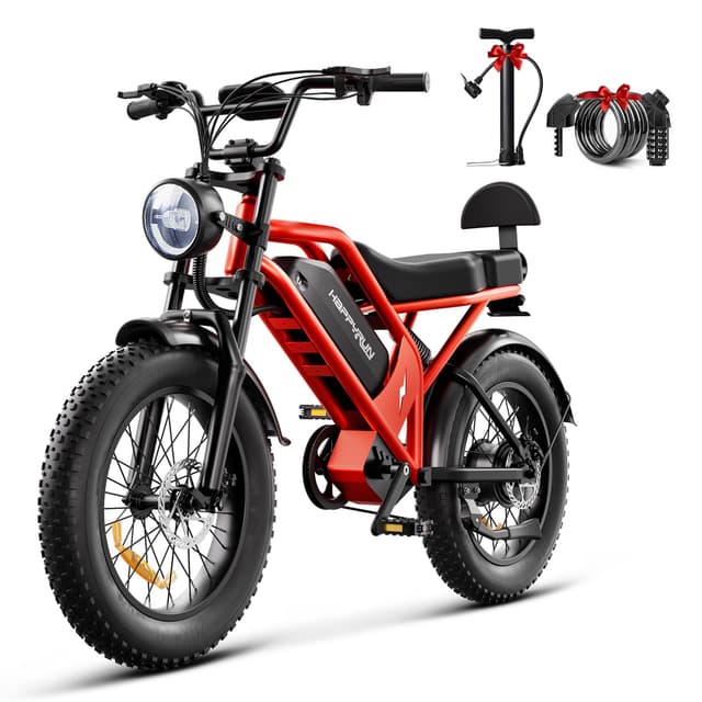 HAPPYRUN 1500W Electric Bike for Adults, 48V 18Ah Removable Battery, 20" Fat Tire E-Bike, 32MPH & 68+ Miles Range, 7-Speed Transmission, All-Terrain Mountain Ebike for Men & Women (Orange-red)