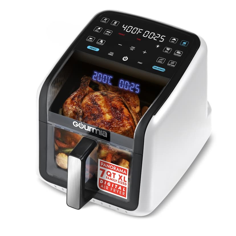 Gourmia Air Fryer 7 QT - Easy View Panoramic Window & Interior Light, Guided Cooking with 12 One-Touch Presets, FryForce 360, Dishwasher Safe Accessories, White