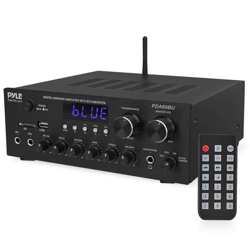 Pyle Home Karaoke Amplifier Receiver with Bluetooth Streaming, 200 Watt Peak, Dual Mic Inputs with Delay and Reverb, 2.0 Channel Hi Fi Sound System, USB-A Input w MP3 Player, RCA/Aux Inputs - PDA69BU