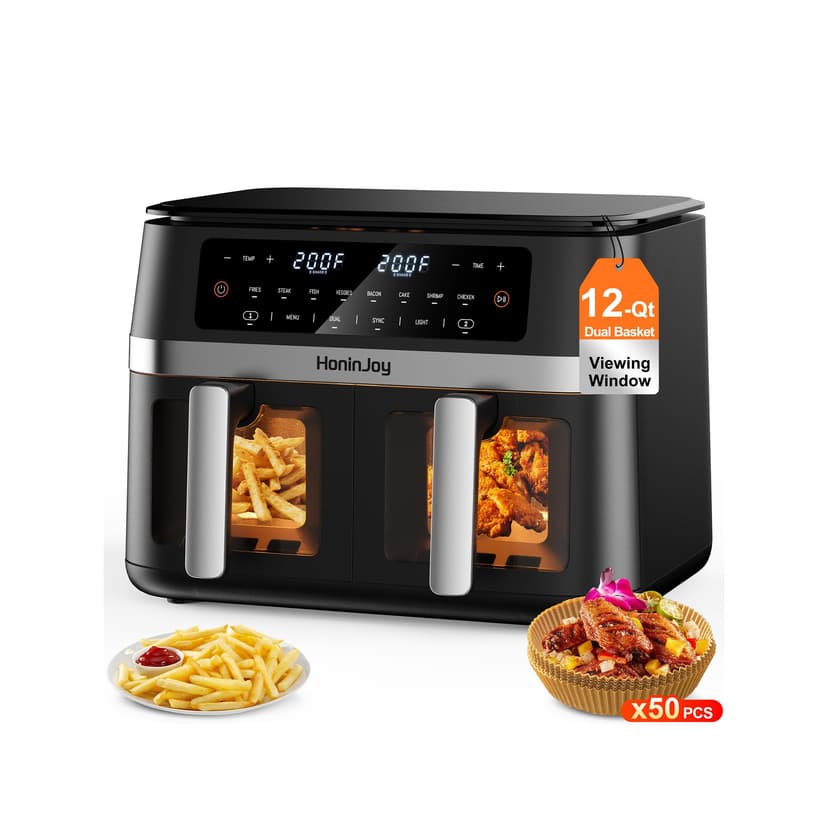 HoninJoy 12QT Large Dual Basket Air Fryer with Viewing Window and 50pcs Paper Liners, 10-in-1 Digital Touchscreen Double Zone Air Fryers, SyncCook to Bake,Roast,Reheat,Broil, Nonstick Dishwasher Safe