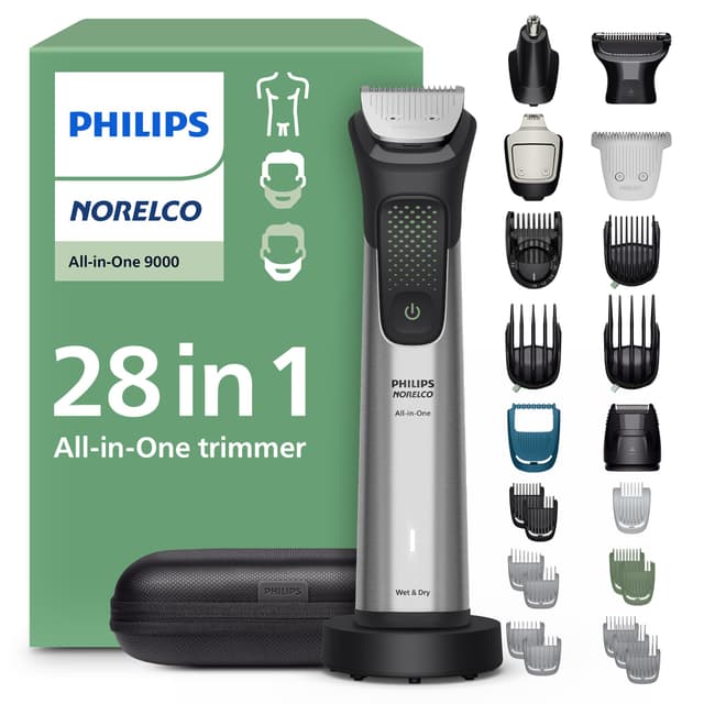 Philips Norelco All-in-One 9000 Series 28-Piece Trimmer - Electric Shaver and Clipper for Face, Beard, Head & Body, Self-sharpening Full Metal Blades, 27 Length Settings (0.5-20 mm), MG9585/49