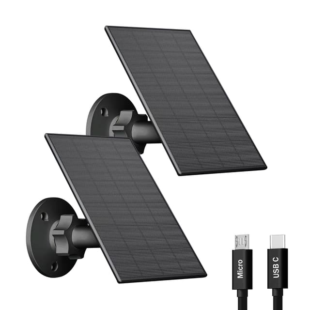 VUEBEE 2W Solar Panel for Security Camera Outdoor, USB/USB-C Charger with IP65 Waterproof, 360° Adjustable Mount & 7.2ft Cable, Compatible with Rechargeable Battery Cameras (2 Pack, Black)
