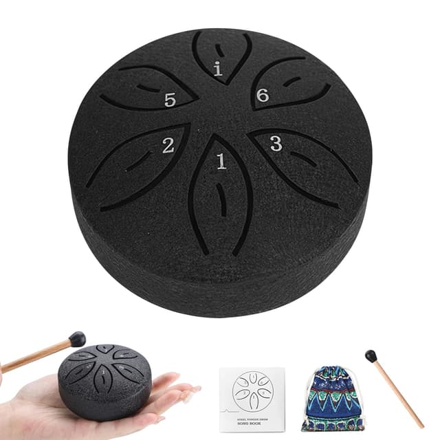 ZTJ Mini Rain Drum for Outside – 3-Inch 6-Note Steel Tongue Drum, Garden Chime Percussion Instrument with Mallets & Bag, Meditation Tools for Yoga, Stress Relief for Office(Black)