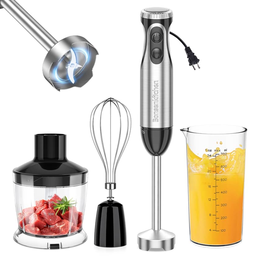 Bonsenkitchen Immersion Blender Handheld with Food Processor, 20 Speeds Hand Blender with Turbo Mode, Stainless Steel Blade, Egg Whisk, Beaker & Chopper Bowl, Hand Mixer for Smoothie, Soup, Baby Food