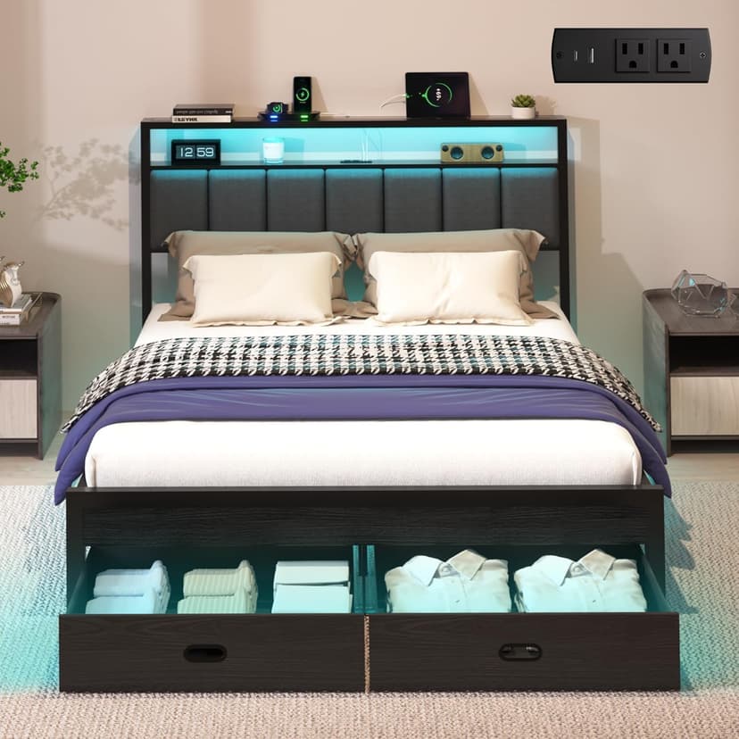Aelawe Queen Bed Frames with Storage Drawer, Platform Bed with Charging Station and LED Lights, Upholstered Headboard with 2-Tier Storage Shelves, No Box Spring Needed